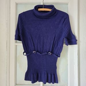 Graffiti Royal Blue Ribbed Turtleneck Peplum Top M
